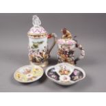 Two Capodimonte tankards and covers, with classical figure decoration, 9" high, and lion hunt, 7"