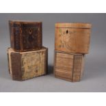A satinwood and floral marquetry oval tea caddy, 4 3/8" high, a similar octagonal tea caddy and