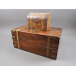 A 19th century figured walnut and bass bound writing box, 16" wide, and a dome top stationery box,