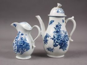 A mid 18th century Worcester blue and white transfer decorated coffee pot and cover, 7 3/4" high (