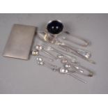A silver cigarette case, a silver salt and various silver flatware, 11.6oz troy approx