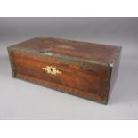 An early Victorian rosewood and brass inlaid writing box with part fitted interior, 20" wide (