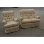 A Wesley Barrell two-seat settee and matching armchair, upholstered in "Casablanca" fabric