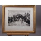 A mid 20th century monotype, riverside scene, in gilt frame