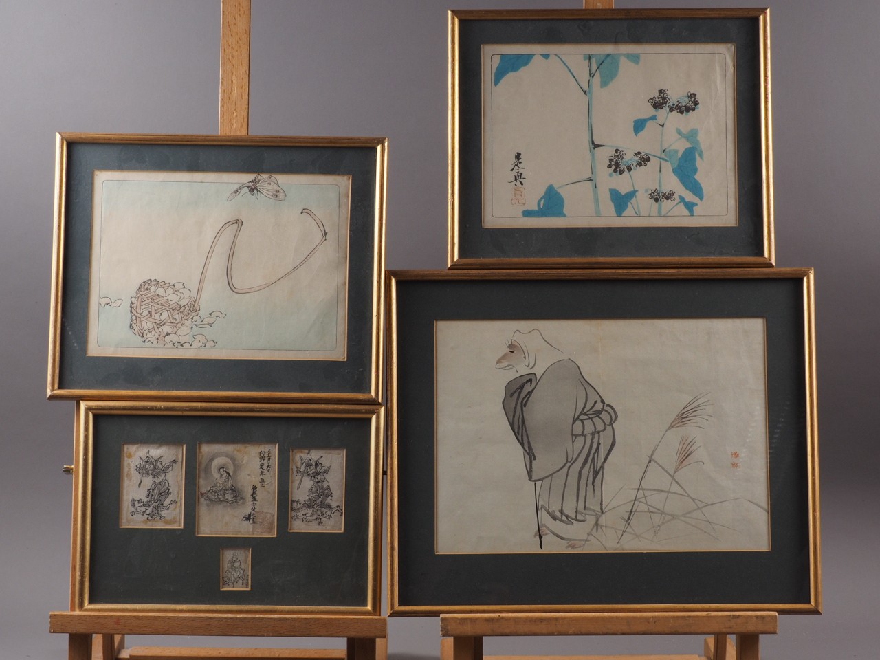 A Japanese print, study of a dog, in gilt strip frame, another print, study of a robed rodent, and - Bild 2 aus 4