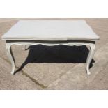 A French grey & white painted oak shape top extending dining table, on acanthus carved cabriole