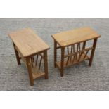 A pair of light oak magazine stands, on shaped supports, 17" wide x 9 1/2" deep x 16 1/2" high,