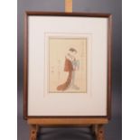 A Japanese woodblock study of a geisha, in strip frame, a pair of 18th century engravings, views