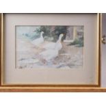 Elizabeth Thorpe: watercolours, "First Come First Served", 4 1/2" x 7 1/4", in gilt strip frame