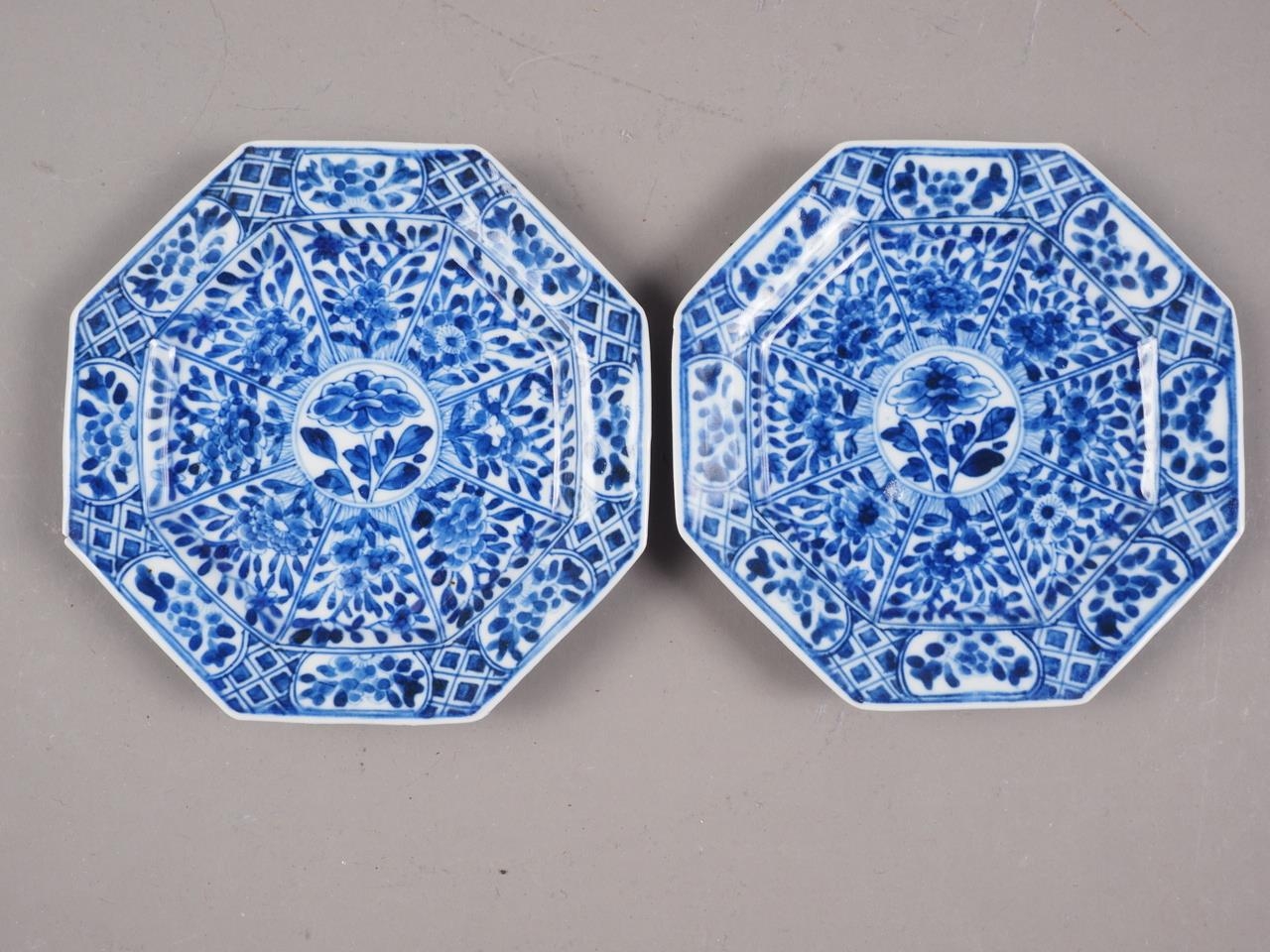 A pair of Kang Hsi blue and white octagonal plates, 5" wide