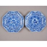 A pair of Kang Hsi blue and white octagonal plates, 5" wide
