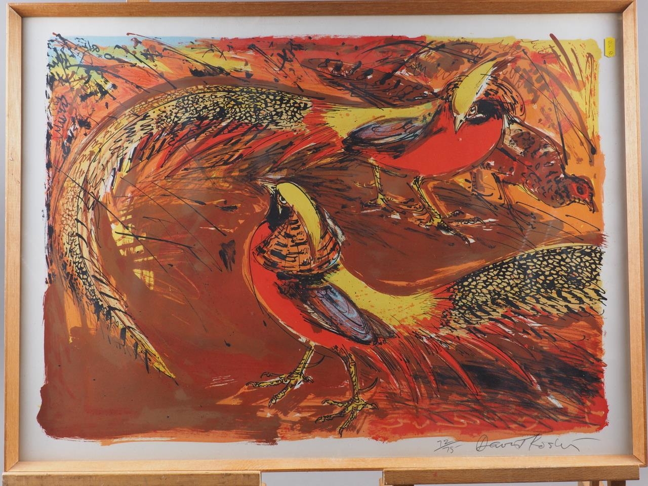 David Koster: a signed limited edition screen print, golden pheasants, 72/75, in strip frame