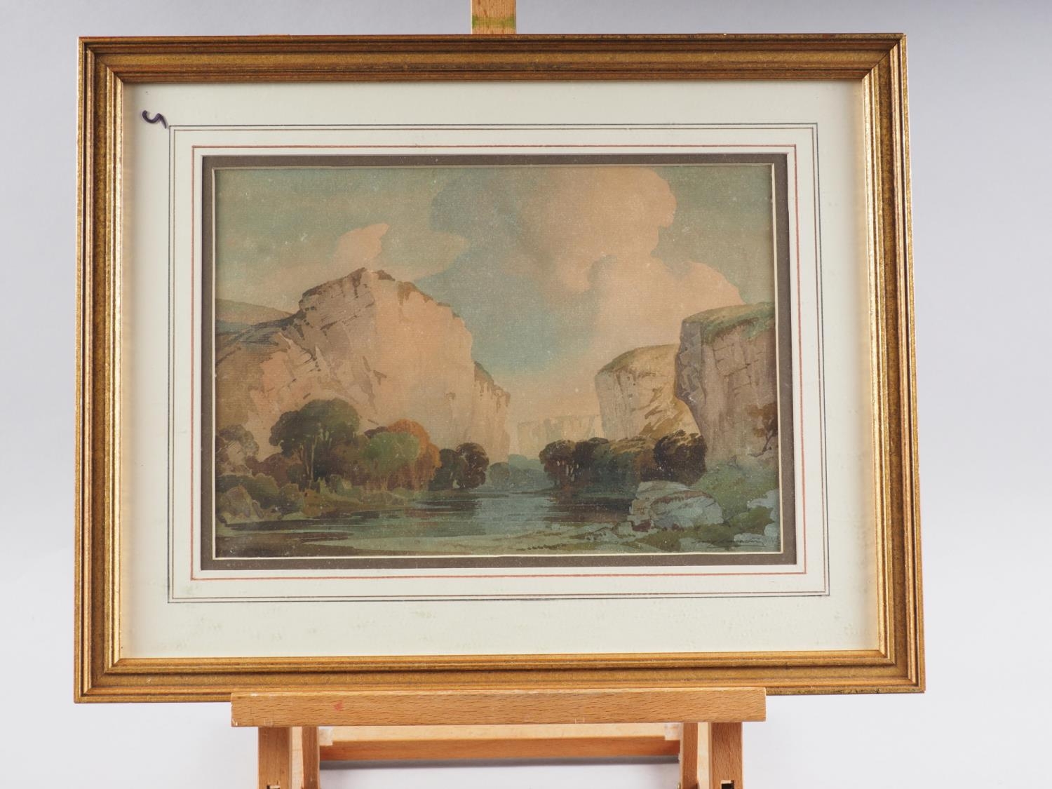 Percy Lancaster: watercolours, river landscape with gorge and cliffs, 9" x 13", in gilt frame, and