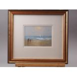 Jean Belcher: oil on paper, "Misty morning on a beach", 5" x 6 3/4", in gilt frame