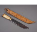 A Scandinavian knife with leather scabbard, 13" long