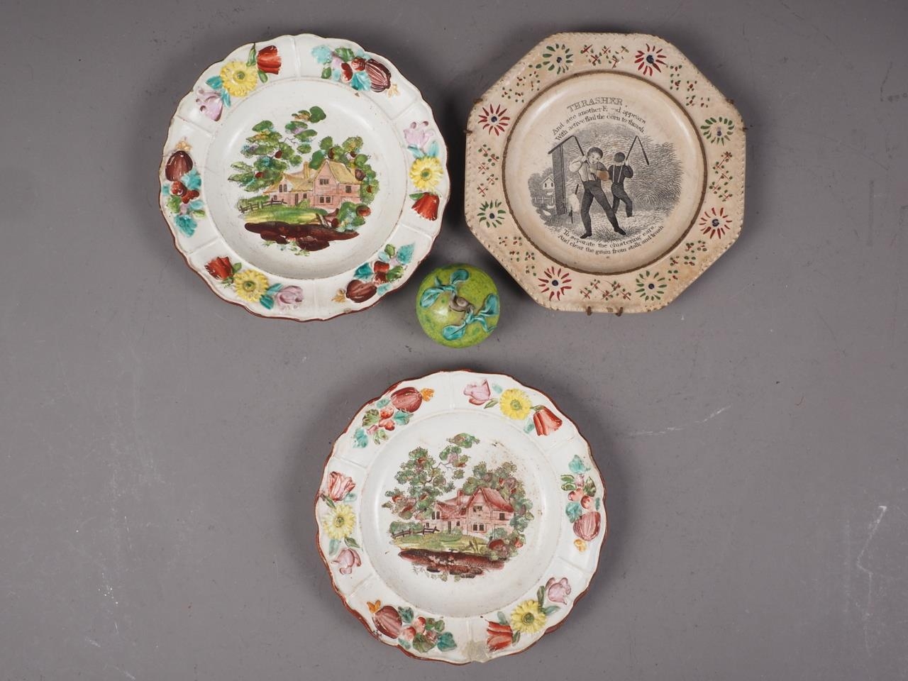 A pair of 19th century cottage decorated nursery plates, a similar plate with transfer