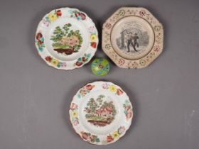 A pair of 19th century cottage decorated nursery plates, a similar plate with transfer