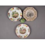 A pair of 19th century cottage decorated nursery plates, a similar plate with transfer