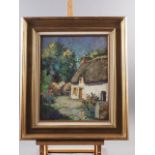 R Sartre: oil on board, "Ferme a Mazin Briere", cottage scene, 15 1/2" x 12 1/2", in gilt frame