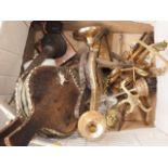 Two pairs of bellows, a set of brass fire implements, a brass crumb scoop, a service bell, a
