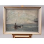 A 20th century oil on panel, coastal scene with fishing boat, indistinctly signed, 13 1/4" x 19 3/