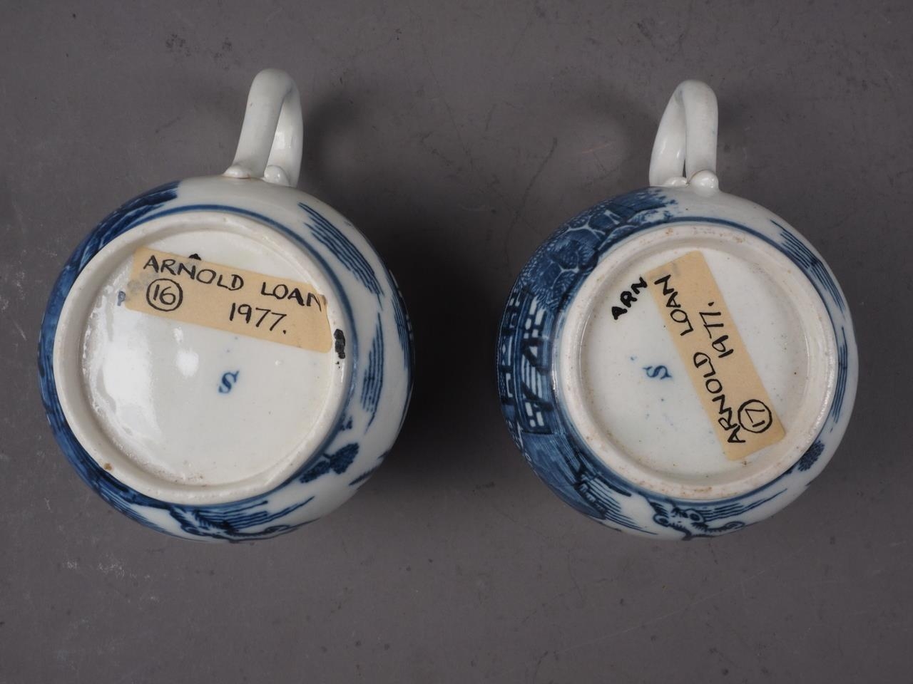 A pair of Caughley blue and white baluster cups with proto-willow pattern design, 2 1/4" high (one - Image 2 of 5