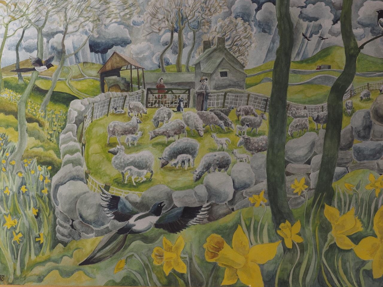 M J C, '83: watercolours, Yorkshire landscape in spring with shepherd, sheep, magpie and - Bild 11 aus 14