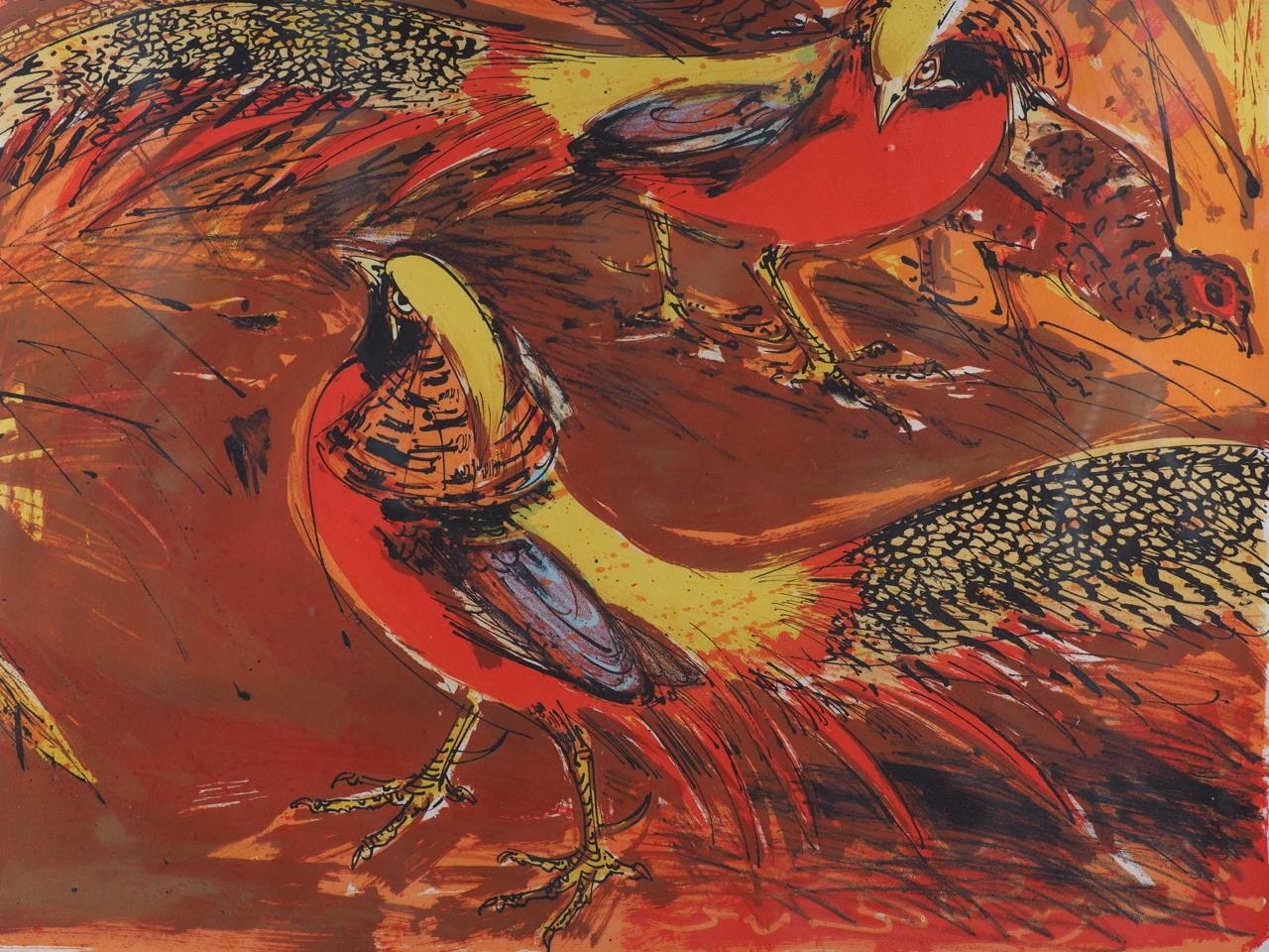 David Koster: a signed limited edition screen print, golden pheasants, 72/75, in strip frame - Bild 3 aus 6