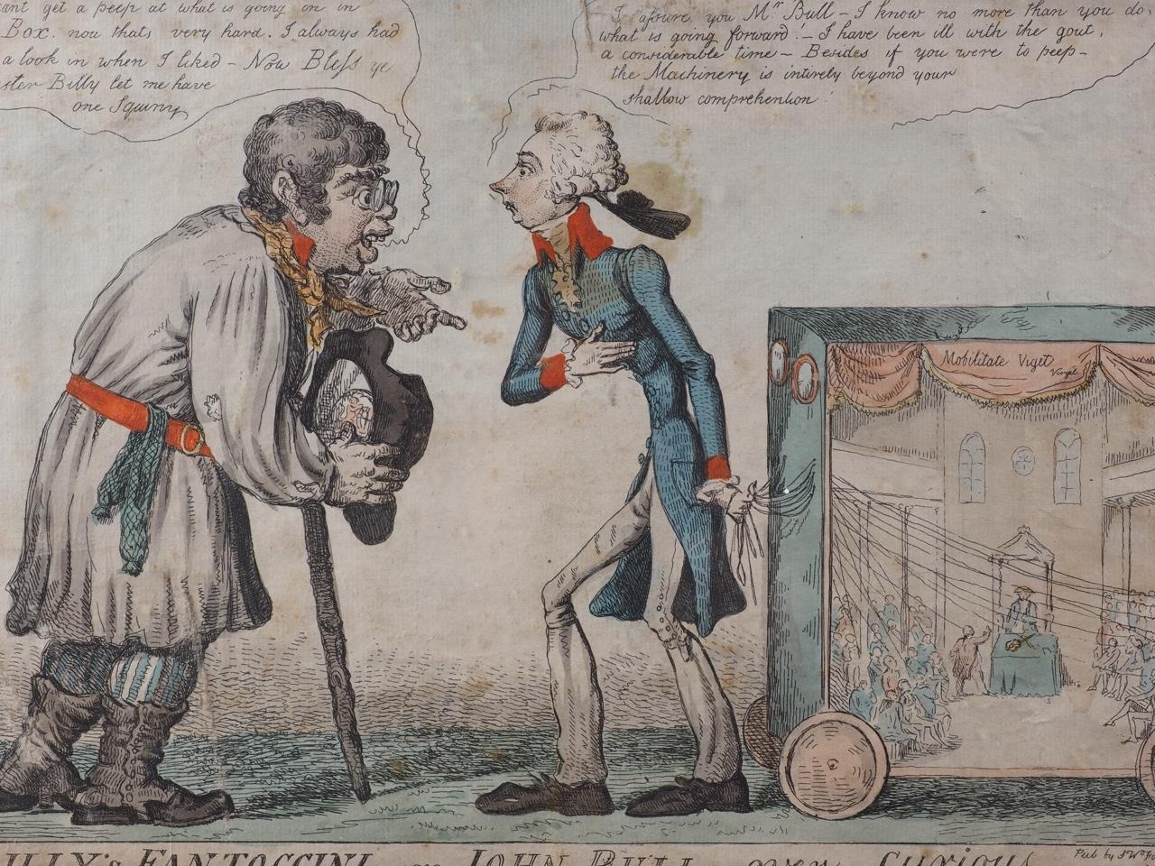 A late 18th century hand-coloured cartoon, "Billy's Fantoccini or John Bull over Curious", in gilt - Bild 3 aus 8