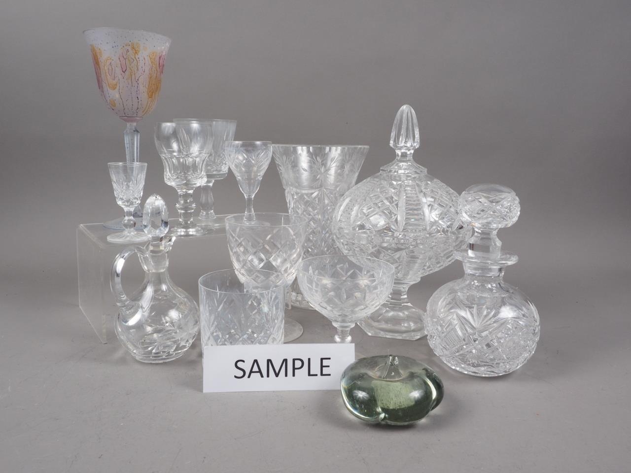 A quantity of cut glass, including tumblers, scent bottles, an art glass wine glass A Batchelor