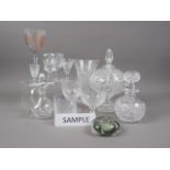 A quantity of cut glass, including tumblers, scent bottles, an art glass wine glass A Batchelor