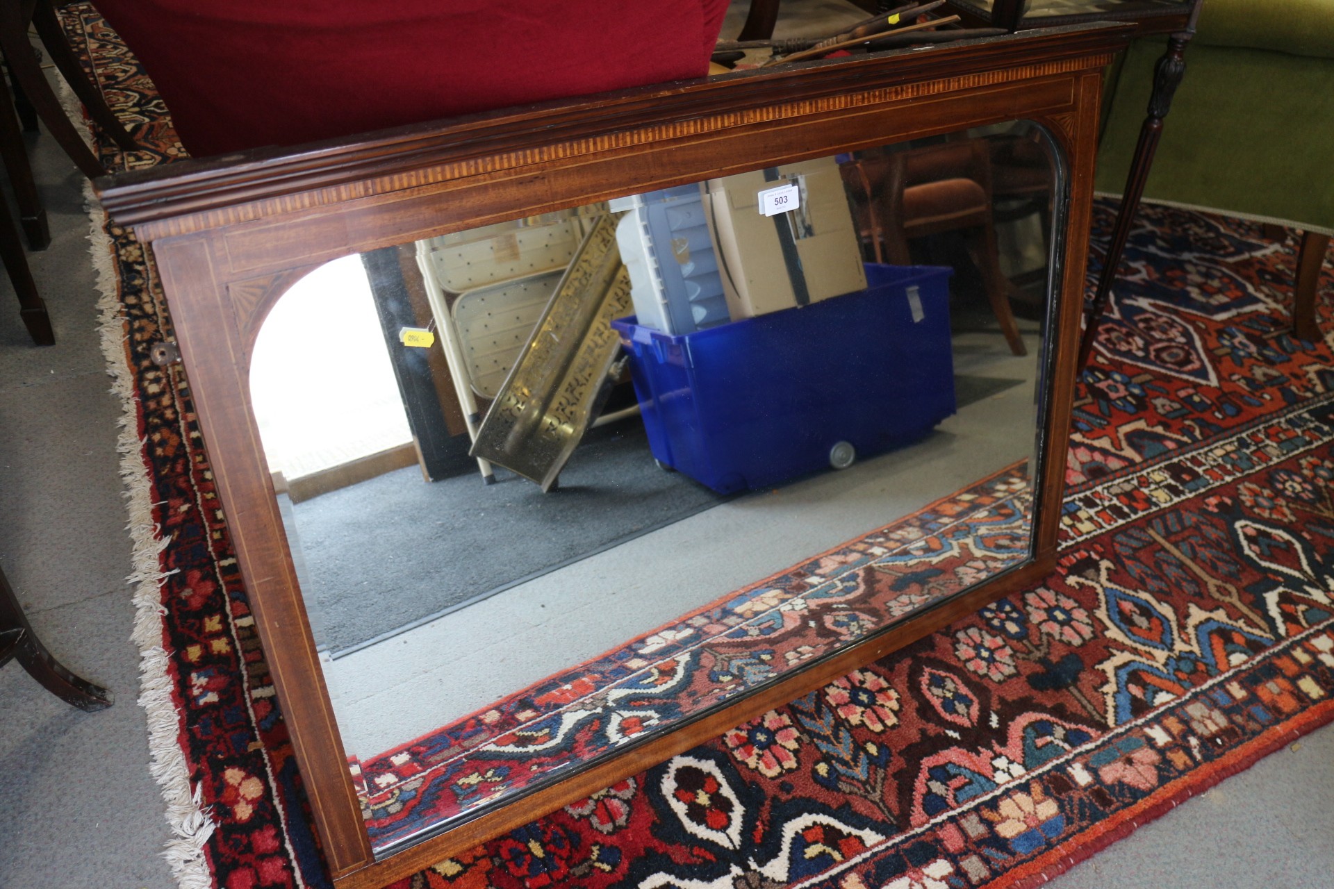 An Edwardian walnut and inlaid framed beaded edge wall mirror, arch top plate 34 1/2" wide x 22 1/2"