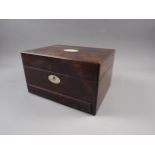 A 19th century rosewood toilet box with cut glass and plated mounted toilet jars, lift out tray