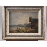 Noel Ripley: oil on board, river scene with boats and figure, 9" x 12", in decorated gilt frame
