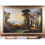 After Claude: an oil on canvas, classical landscape with ruins and figures, 22 1/2" x 39 1/2", in