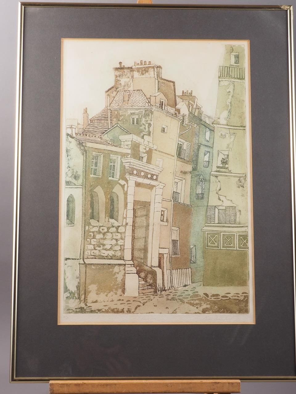 Delia Delafield: a coloured etching artist proof, "Paris 1972", in brass frame, and G Tuckey?: a