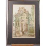 Delia Delafield: a coloured etching artist proof, "Paris 1972", in brass frame, and G Tuckey?: a