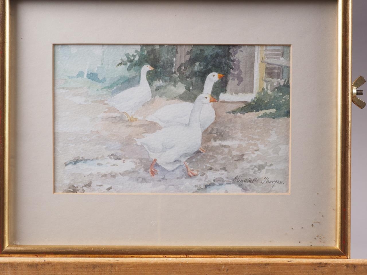 Elizabeth Thorpe: watercolours, "First Come First Served", 4 1/2" x 7 1/4", in gilt strip frame - Bild 2 aus 8