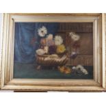 ML03: oil on canvas, still life of chrysanthemums, 21" x 29 1/2", in deep gilt frame