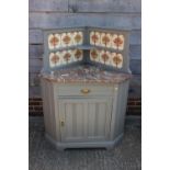 A late 19th century grey painted marble top and tile back corner washstand, 38" wide x 24" deep x