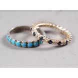 A 9ct gold diamond and sapphire eternity ring, size H, 1.9g, and a silver and turquoise eternity