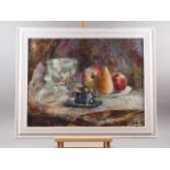 French early 20th century school, still life with fruit and coffee cup, indistinctly signed, 19" x