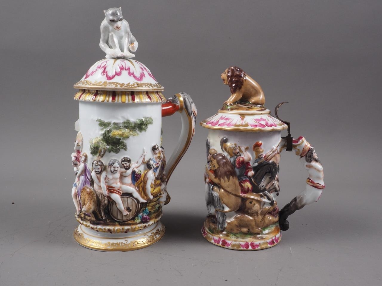 Two Capodimonte tankards and covers, with classical figure decoration, 9" high, and lion hunt, 7" - Image 4 of 5