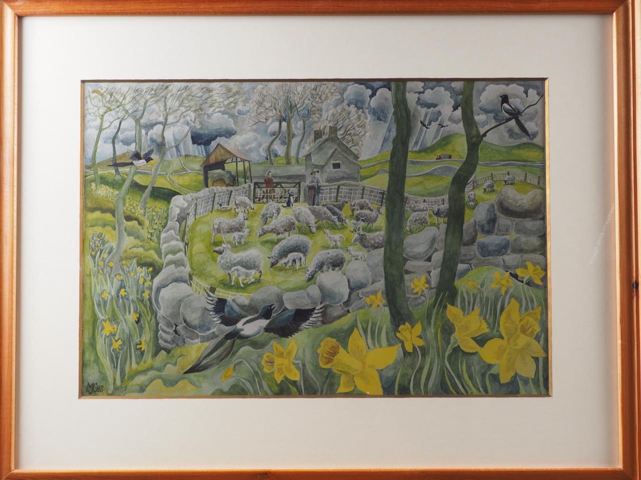 M J C, '83: watercolours, Yorkshire landscape in spring with shepherd, sheep, magpie and