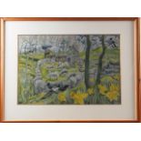 M J C, '83: watercolours, Yorkshire landscape in spring with shepherd, sheep, magpie and