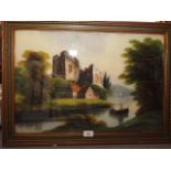 A pair of 19th century reverse painted glass pictures, landscapes, with rivers and figures, 15 1/