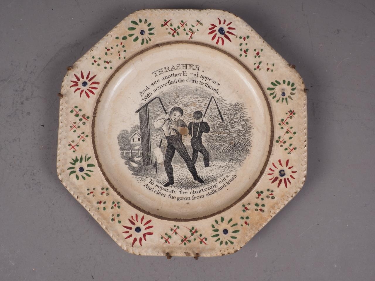 A pair of 19th century cottage decorated nursery plates, a similar plate with transfer - Image 3 of 5