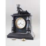 A late 19th century carved marble mantel clock with patinated Sphinx surmount and eight-day