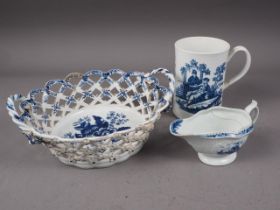 A mid 18th century blue and white Worcester chestnut basket, 10 1/4" wide (restored), an 18th