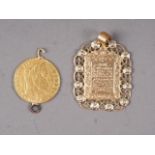 An 18ct gold pendant, 5.2g, and a gold 10-Franc coin, dated 1865 (hard mounted), 3.3g